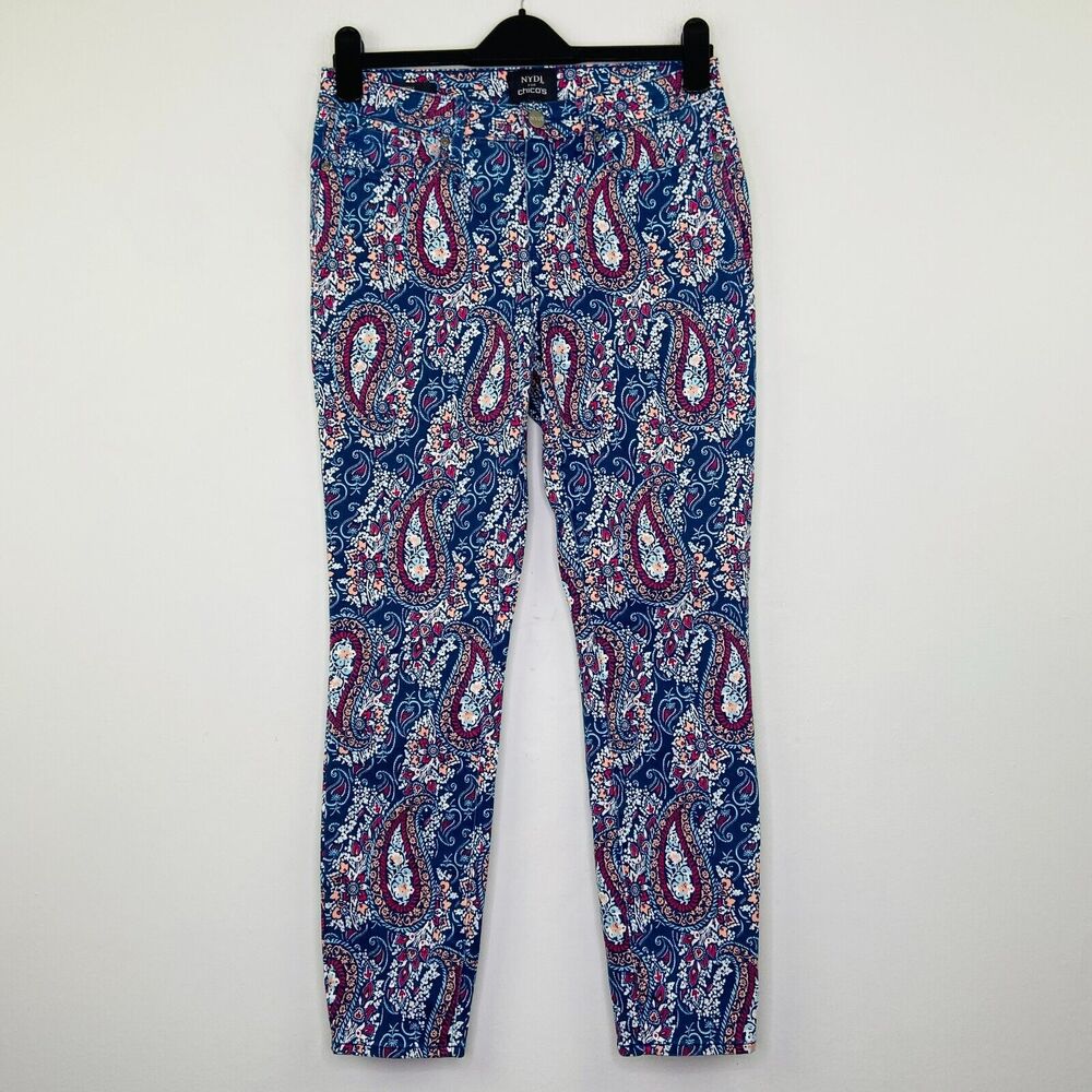 NYDJ Chico's Women's 4 Jeans Blue Paisley Pattern Skinny Lift Tuck Mid Rise O
